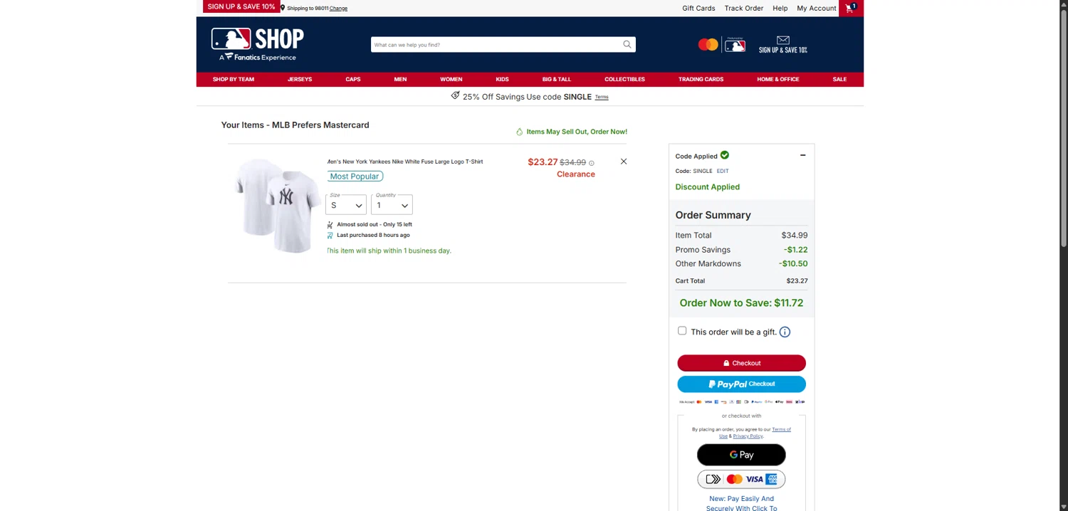 New York Yankees checkout page showing New York Yankees promo code box | Screenshot taken by SimplyCodes community member on Jan 15, 2026