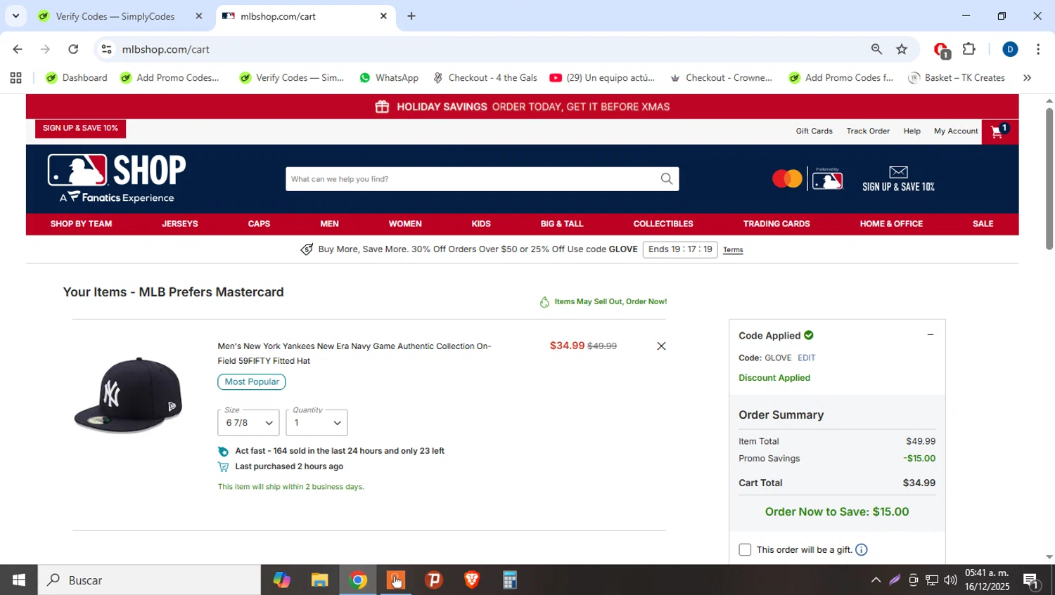 New York Yankees checkout page showing New York Yankees promo code box | Screenshot taken by SimplyCodes community member on Dec 16, 2025