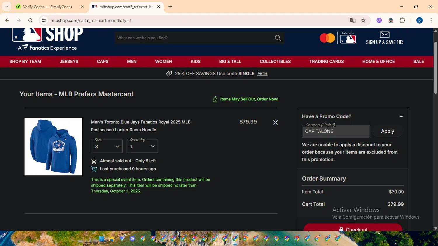 New York Yankees promo code screenshot showing code CAPITALONE applied at New York Yankees checkout page. Uploaded by SimplyCodes community member DealVoyager8768 on Sep 25, 2025