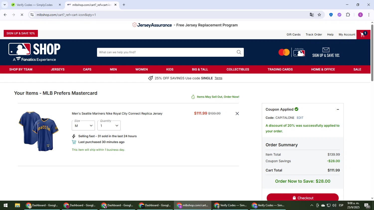 New York Yankees promo code screenshot showing code CAPITALONE applied at New York Yankees checkout page. Uploaded by SimplyCodes community member Son_Goku on Sep 25, 2025