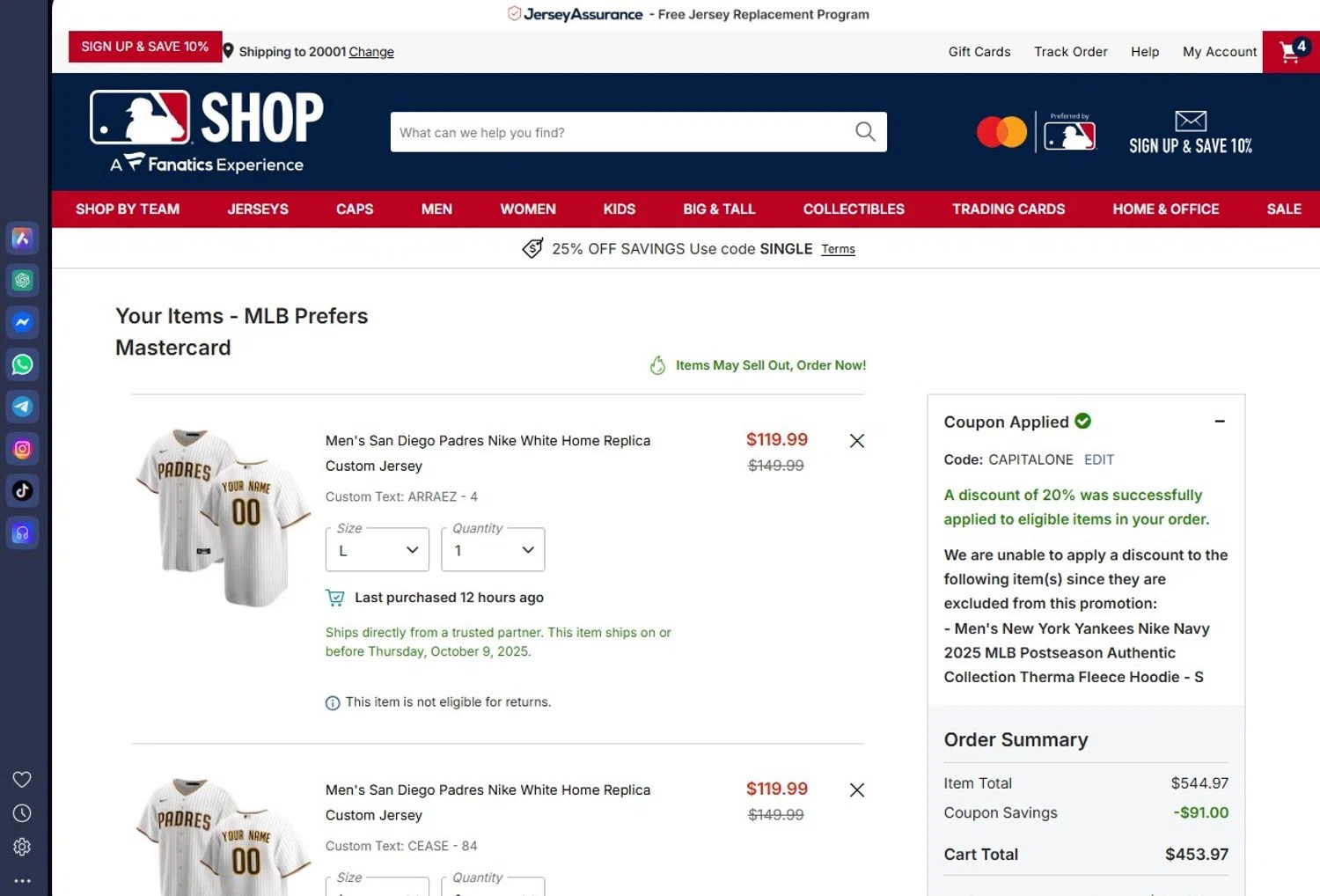 New York Yankees promo code screenshot showing code CAPITALONE applied at New York Yankees checkout page. Uploaded by SimplyCodes community member andrescarreraborges on Sep 25, 2025