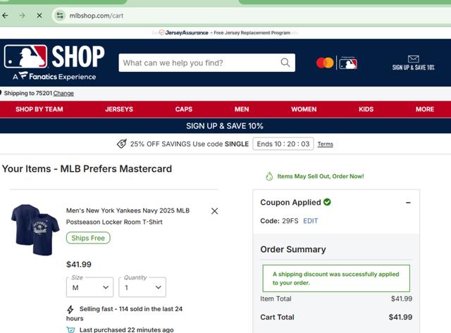New York Yankees checkout page showing New York Yankees promo code box | Screenshot taken by SimplyCodes community member on Sep 29, 2025