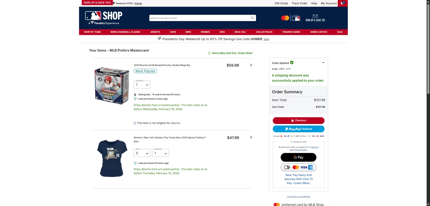 New York Yankees checkout page showing New York Yankees promo code box | Screenshot taken by SimplyCodes community member on Feb 14, 2026