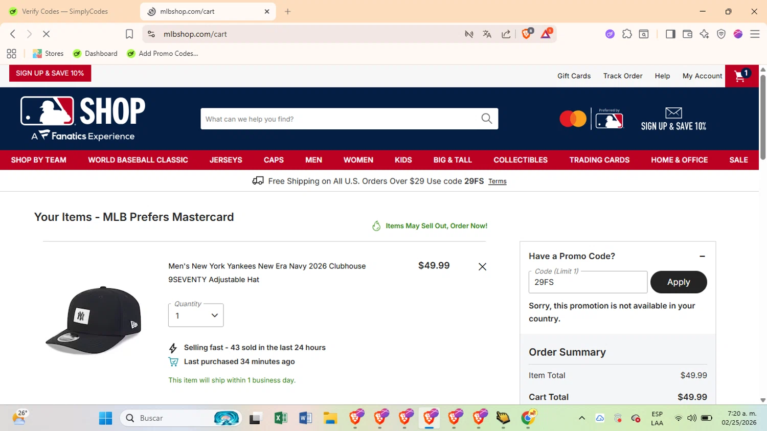 New York Yankees checkout page showing New York Yankees promo code box | Screenshot taken by SimplyCodes community member on Feb 25, 2026