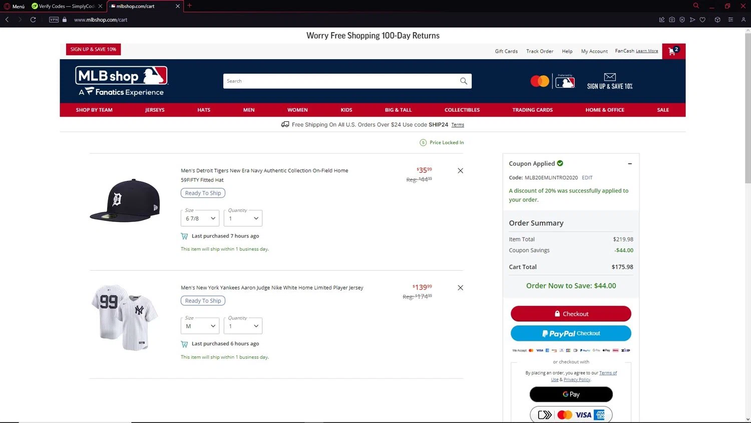 New York Yankees promo code screenshot showing code MLB20EMLINTRO2020 applied at New York Yankees checkout page. Uploaded by SimplyCodes community member BMO123 on Mar 17, 2025