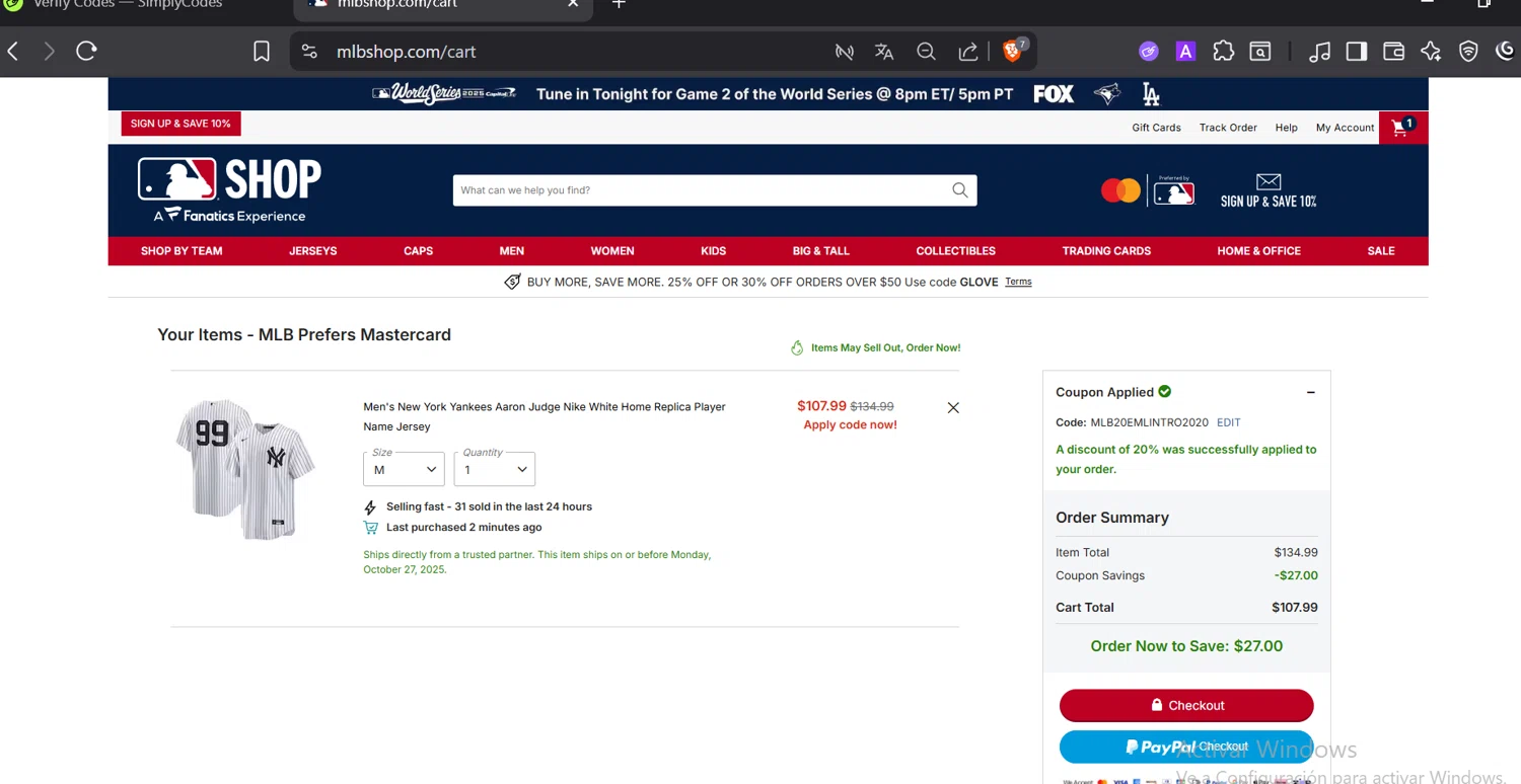 New York Yankees promo code screenshot showing code MLB20EMLINTRO2020 applied at New York Yankees checkout page. Uploaded by SimplyCodes community member DiaCritics on Oct 25, 2025