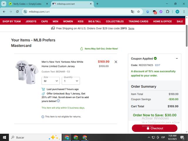New York Yankees checkout page showing New York Yankees promo code box | Screenshot taken by SimplyCodes community member on Sep 2, 2025