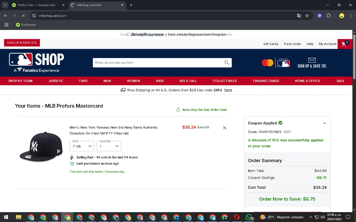 New York Yankees promo code screenshot showing code GIANTSSTM25 applied at New York Yankees checkout page. Uploaded by SimplyCodes community member SavingsElite8466 on Jul 29, 2025
