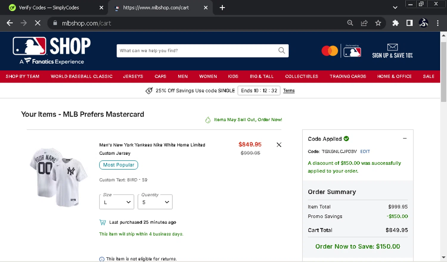 New York Yankees checkout page showing New York Yankees promo code box | Screenshot taken by SimplyCodes community member on Jan 16, 2026