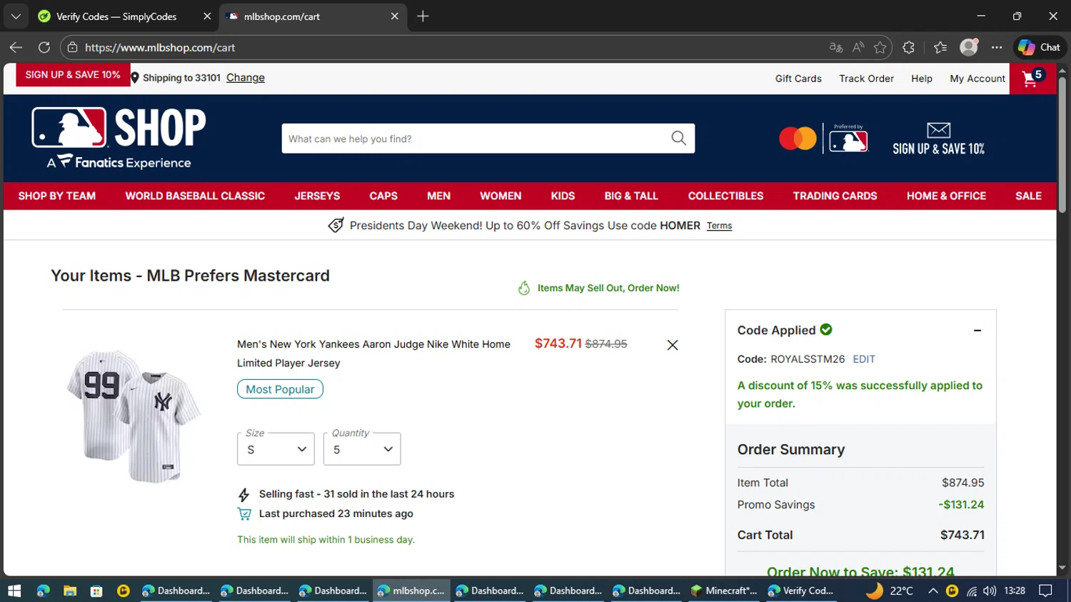 New York Yankees checkout page showing New York Yankees promo code box | Screenshot taken by SimplyCodes community member on Feb 15, 2026