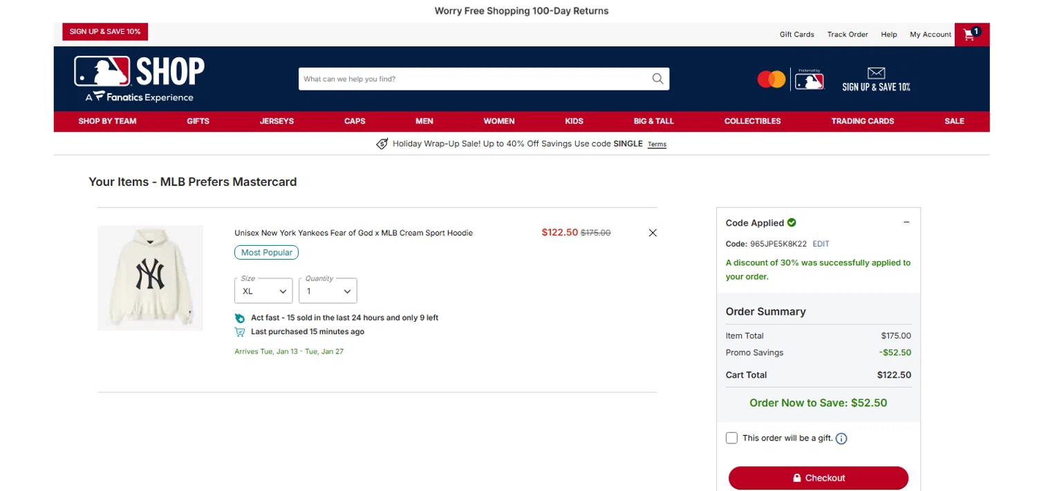 New York Yankees promo code screenshot showing code 965JPE5K8K22 applied at New York Yankees checkout page. Uploaded by SimplyCodes community member OnlywM on Dec 26, 2025