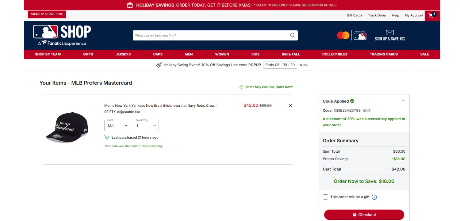 New York Yankees promo code screenshot showing code X36BZ5MZ5YG9 applied at New York Yankees checkout page. Uploaded by SimplyCodes community member OnlywM on Dec 18, 2025