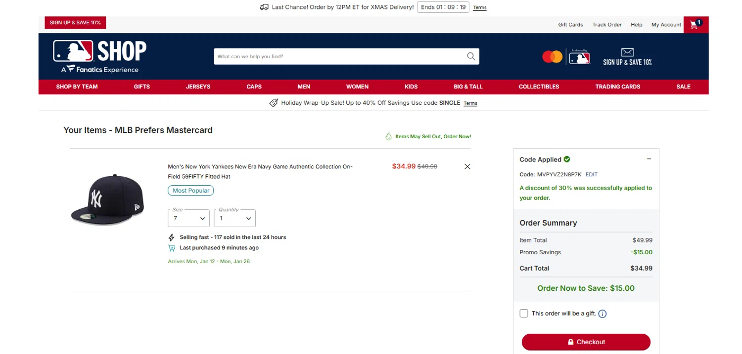 New York Yankees promo code screenshot showing code MVPYVZ2N8P7K applied at New York Yankees checkout page. Uploaded by SimplyCodes community member OnlywM on Dec 22, 2025