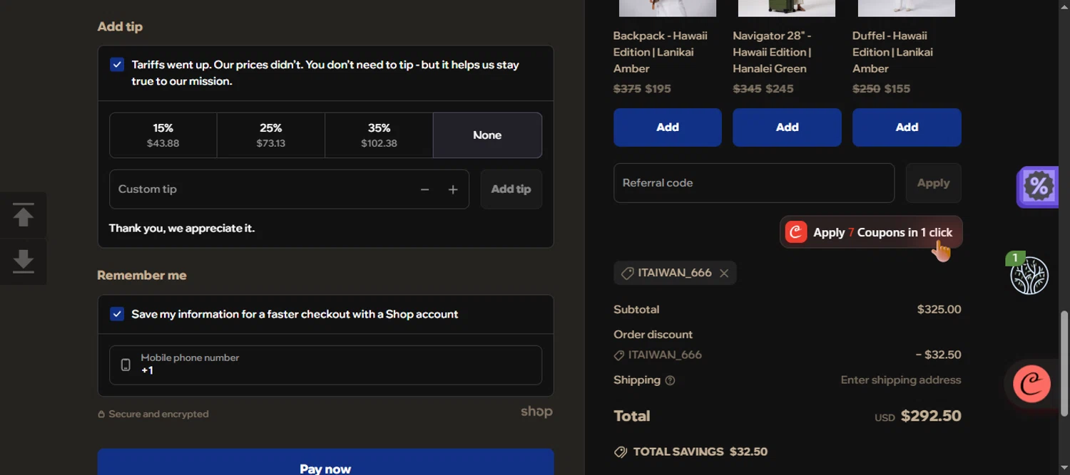 Nex. coupon code screenshot showing code ITAIWAN_666 applied at Nex. checkout page. Uploaded by SimplyCodes community member 111111 on Apr 14, 2025