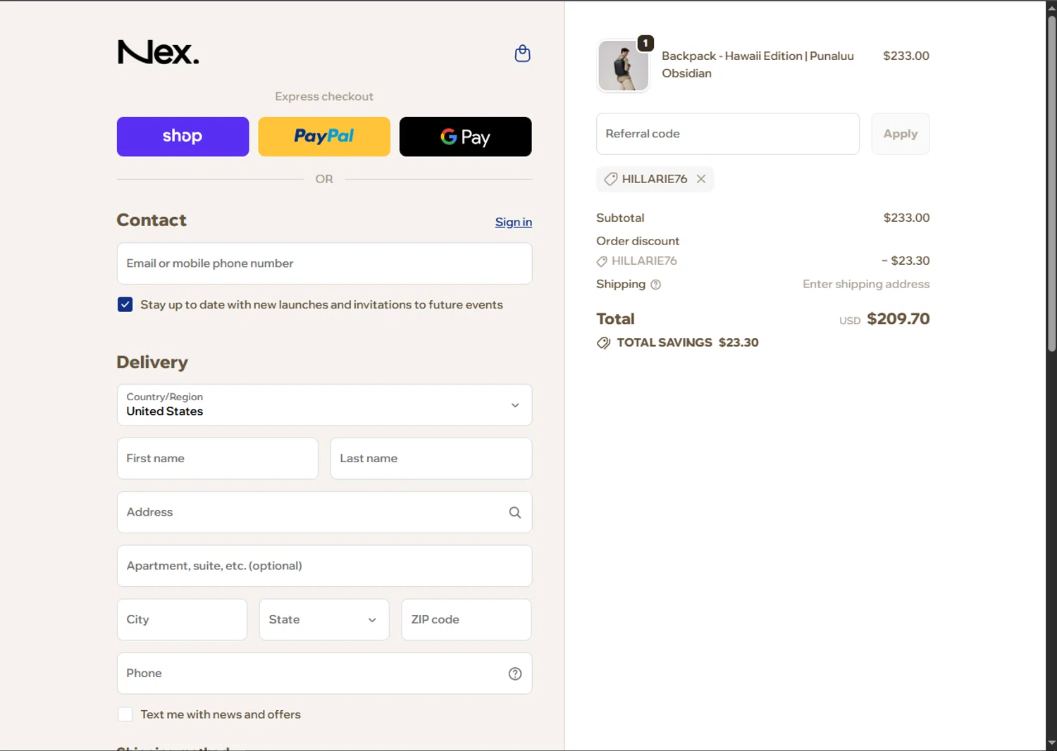 Nex. coupon code screenshot showing code HILLARIE76 applied at Nex. checkout page. Uploaded by SimplyCodes community member BargainSaver8204 on Nov 25, 2025