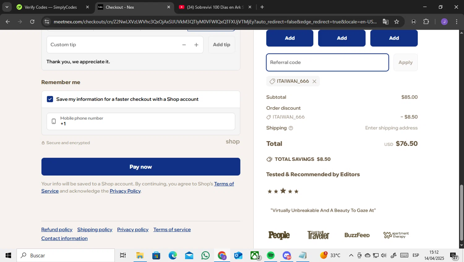 Nex. coupon code screenshot showing code ITAIWAN_666 applied at Nex. checkout page. Uploaded by SimplyCodes community member ENCARAMESSI on Apr 14, 2025