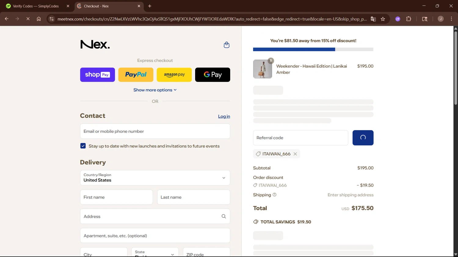 Nex. coupon code screenshot showing code ITAIWAN_666 applied at Nex. checkout page. Uploaded by SimplyCodes community member WisePro3955 on Jun 26, 2025