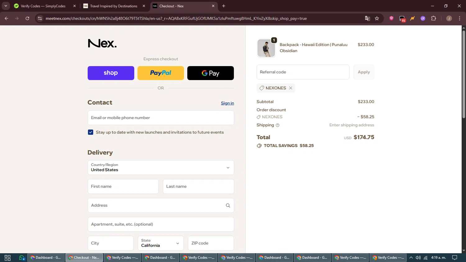 Nex. coupon code screenshot showing code NEXONES applied at Nex. checkout page. Uploaded by SimplyCodes community member ShrewdAdmiral5920 on Nov 25, 2025