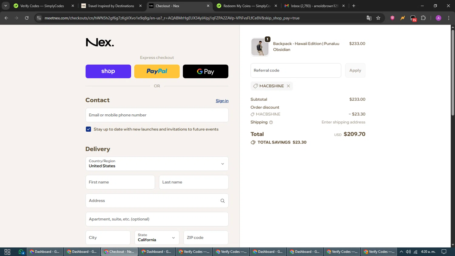 Nex. coupon code screenshot showing code MACBSHINE applied at Nex. checkout page. Uploaded by SimplyCodes community member CouponScout5403 on Nov 25, 2025