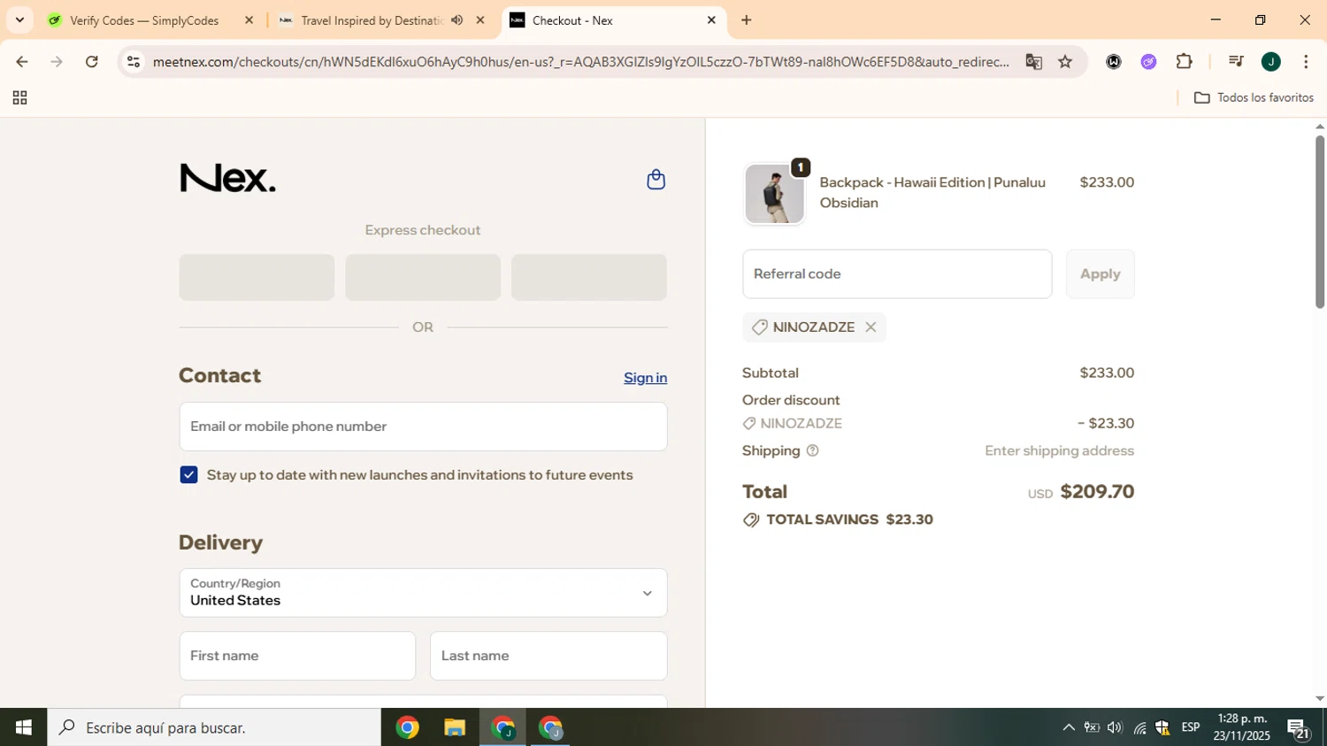 Nex. coupon code screenshot showing code NINOZADZE applied at Nex. checkout page. Uploaded by SimplyCodes community member CrownOwl1879 on Nov 23, 2025