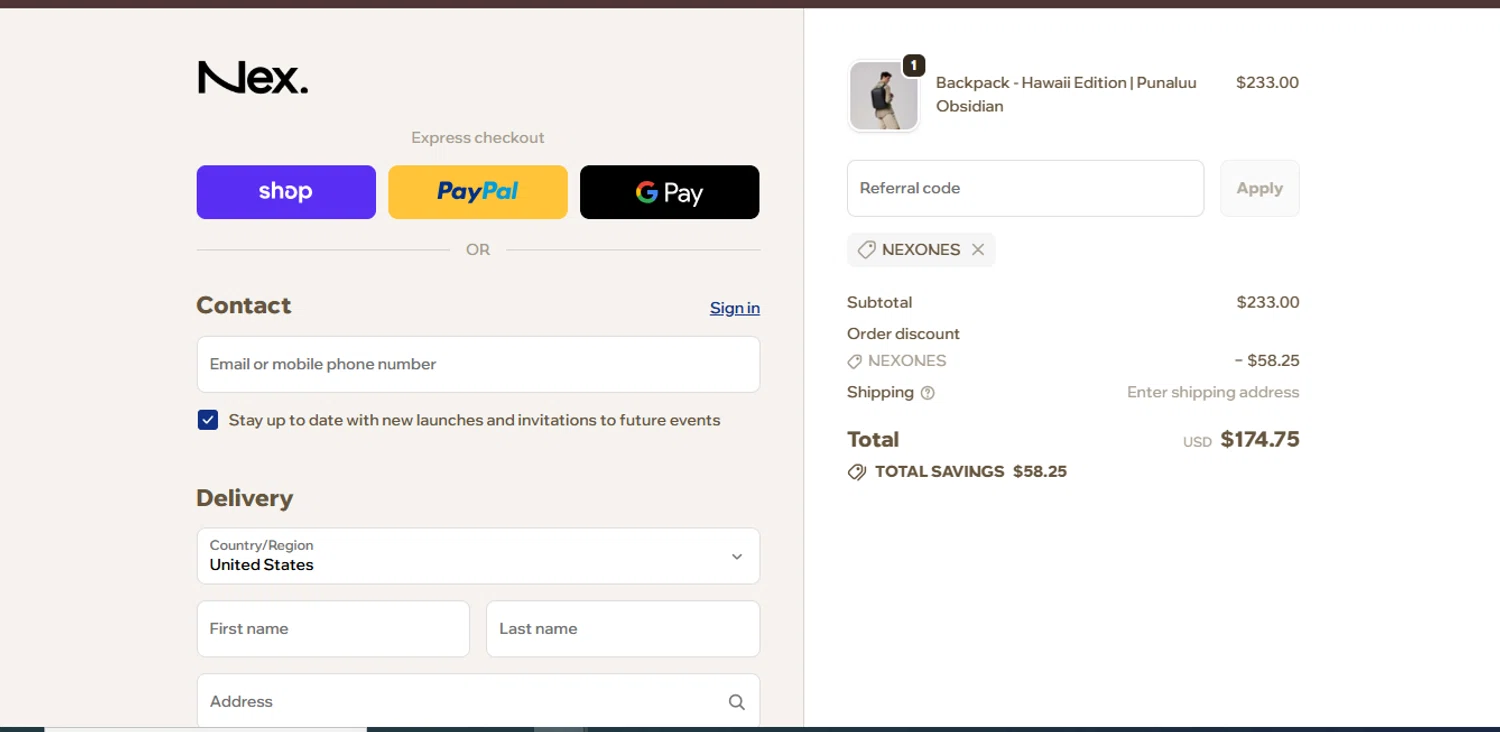 Nex. coupon code screenshot showing code NEXONES applied at Nex. checkout page. Uploaded by SimplyCodes community member juanisaac on Nov 23, 2025