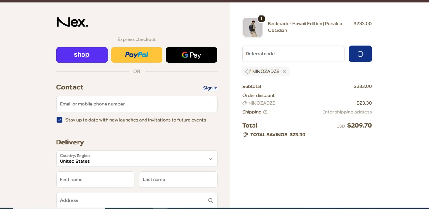 Nex. coupon code screenshot showing code NINOZADZE applied at Nex. checkout page. Uploaded by SimplyCodes community member juanisaac on Nov 23, 2025