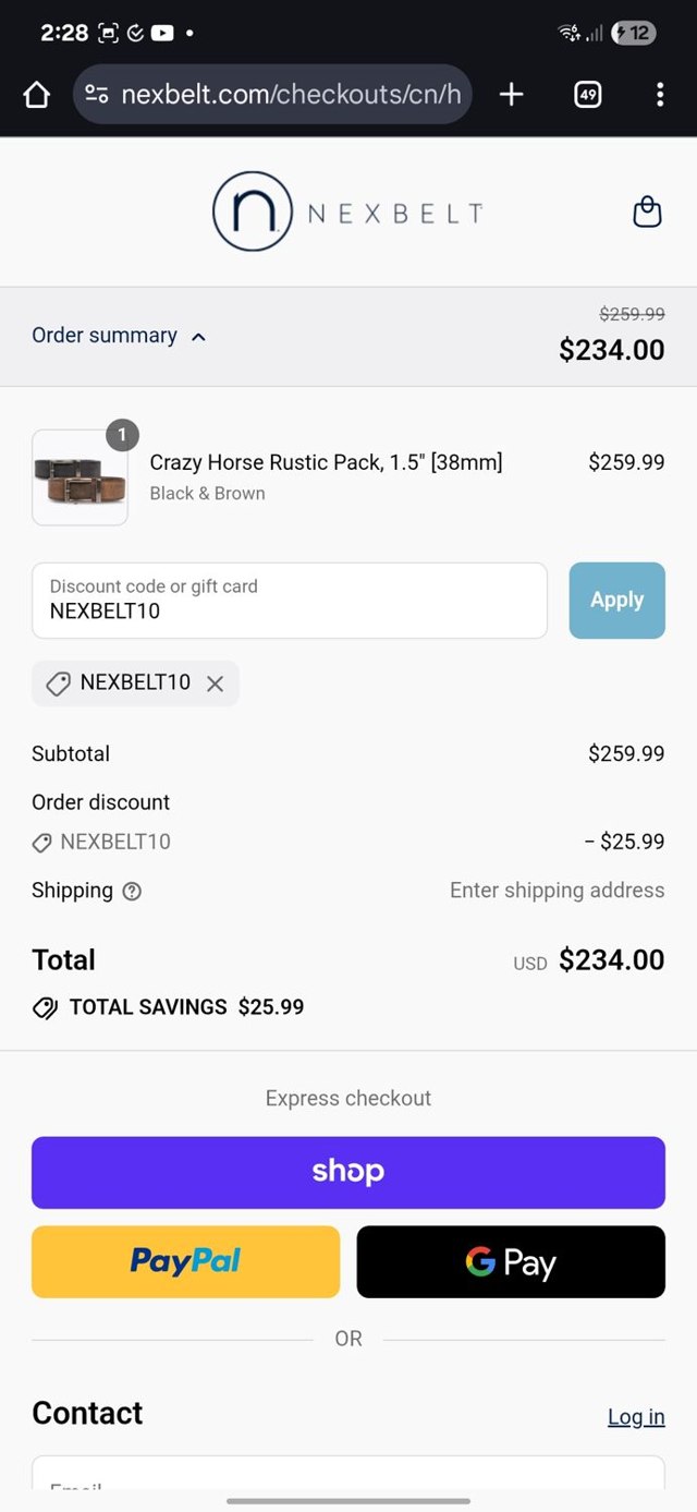 Nexbelt checkout page showing Nexbelt discount code box | Screenshot taken by SimplyCodes community member on Sep 2, 2025