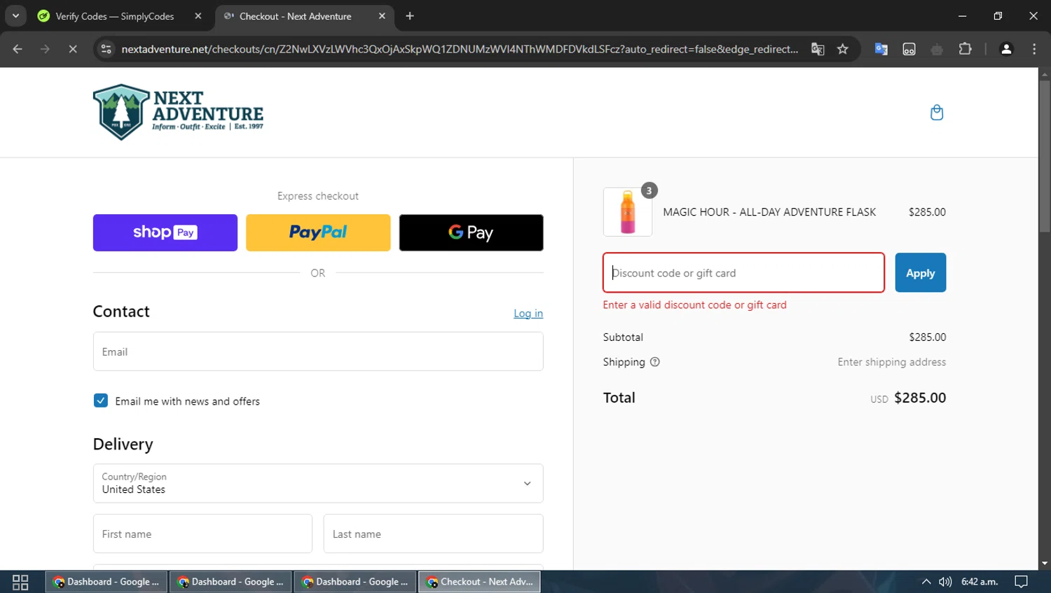 Next Adventure promo code screenshot showing code hellobear applied at Next Adventure checkout page. Uploaded by SimplyCodes community member dennygomez on Jan 30, 2025