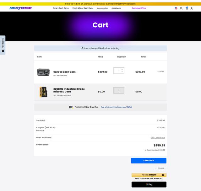 Nextbase US checkout page showing Nextbase US promo code box | Screenshot taken by SimplyCodes community member on Aug 13, 2025