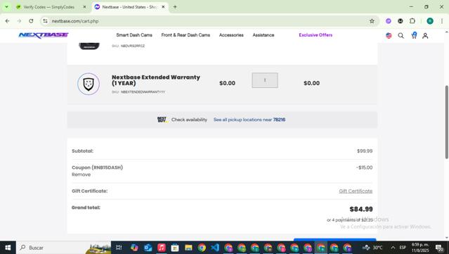 Nextbase US checkout page showing Nextbase US promo code box | Screenshot taken by SimplyCodes community member on Aug 11, 2025