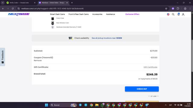 Nextbase US checkout page showing Nextbase US promo code box | Screenshot taken by SimplyCodes community member on Aug 7, 2025