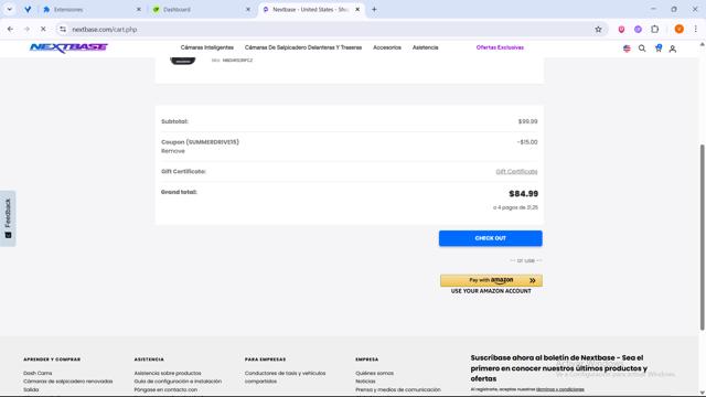 Nextbase US checkout page showing Nextbase US promo code box | Screenshot taken by SimplyCodes community member on Aug 9, 2025