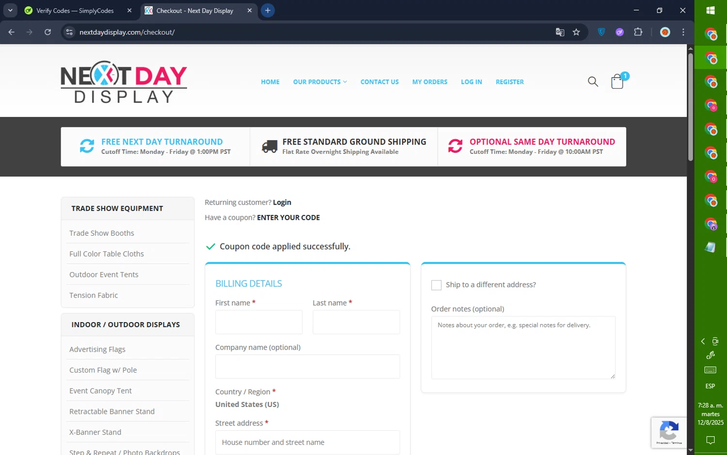 Next Day Display coupon code screenshot showing code social10off applied at Next Day Display checkout page. Uploaded by SimplyCodes community member GoldPilot5958 on Aug 12, 2025
