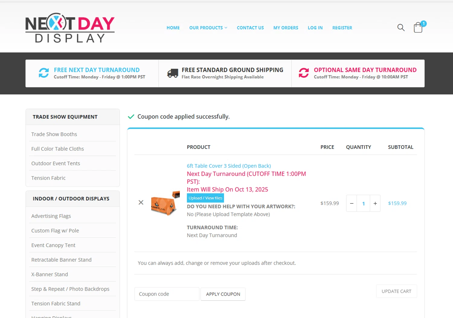 Next Day Display coupon code screenshot showing code social10off applied at Next Day Display checkout page. Uploaded by SimplyCodes community member MrWolf on Oct 9, 2025