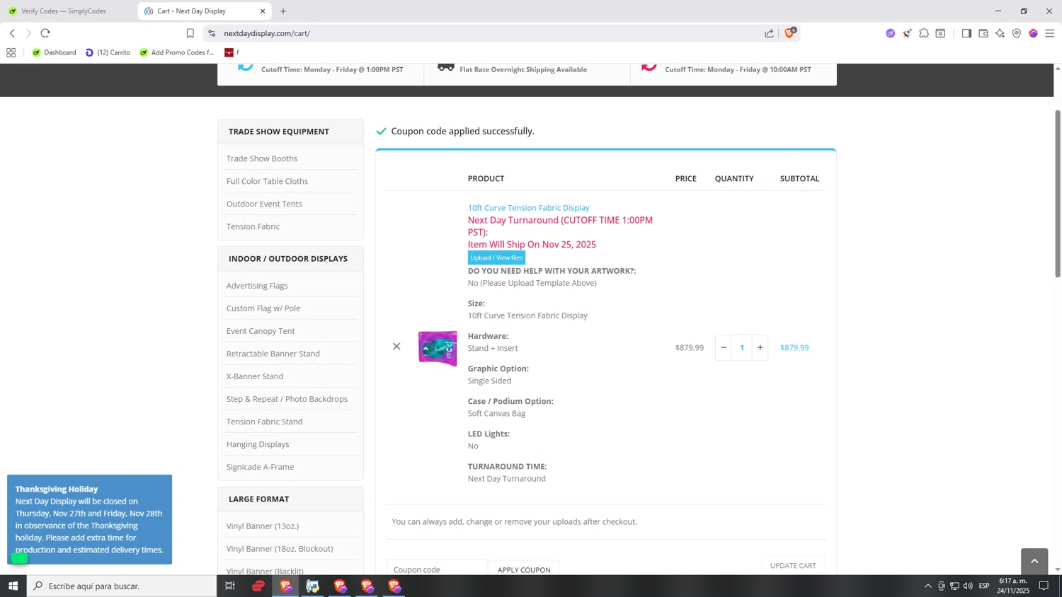 Next Day Display coupon code screenshot showing code ndd10off applied at Next Day Display checkout page. Uploaded by SimplyCodes community member Nezukooo on Nov 24, 2025