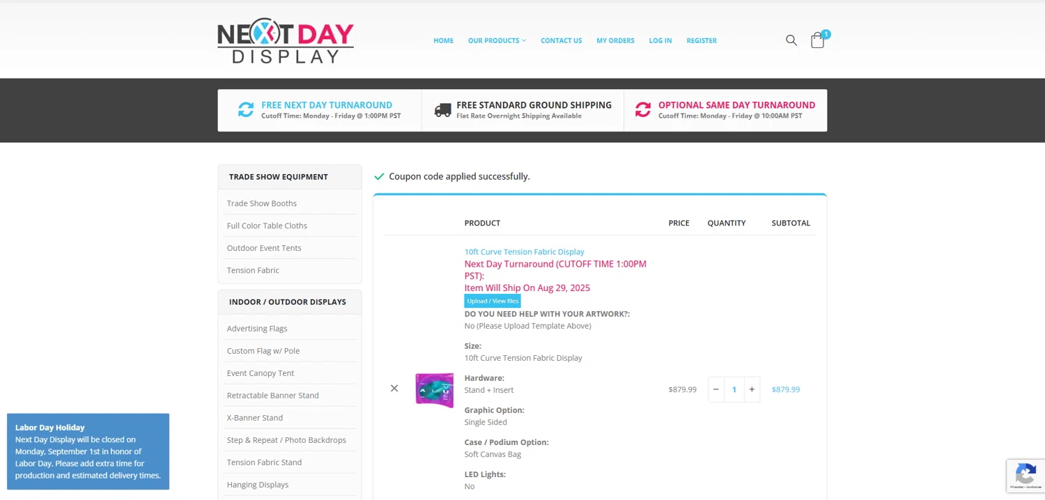 Next Day Display coupon code screenshot showing code ndd10off applied at Next Day Display checkout page. Uploaded by SimplyCodes community member Dorothy on Aug 28, 2025