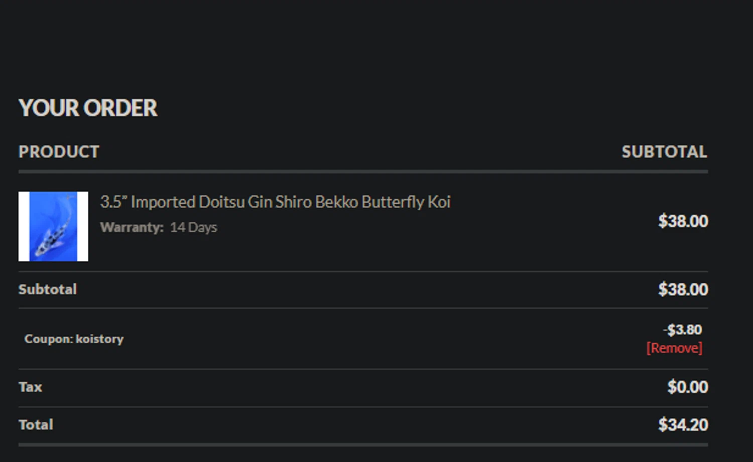 Next Day Koi coupon code screenshot showing code koistory applied at Next Day Koi checkout page. Uploaded by SimplyCodes community member Gianpiero on Jun 21, 2025