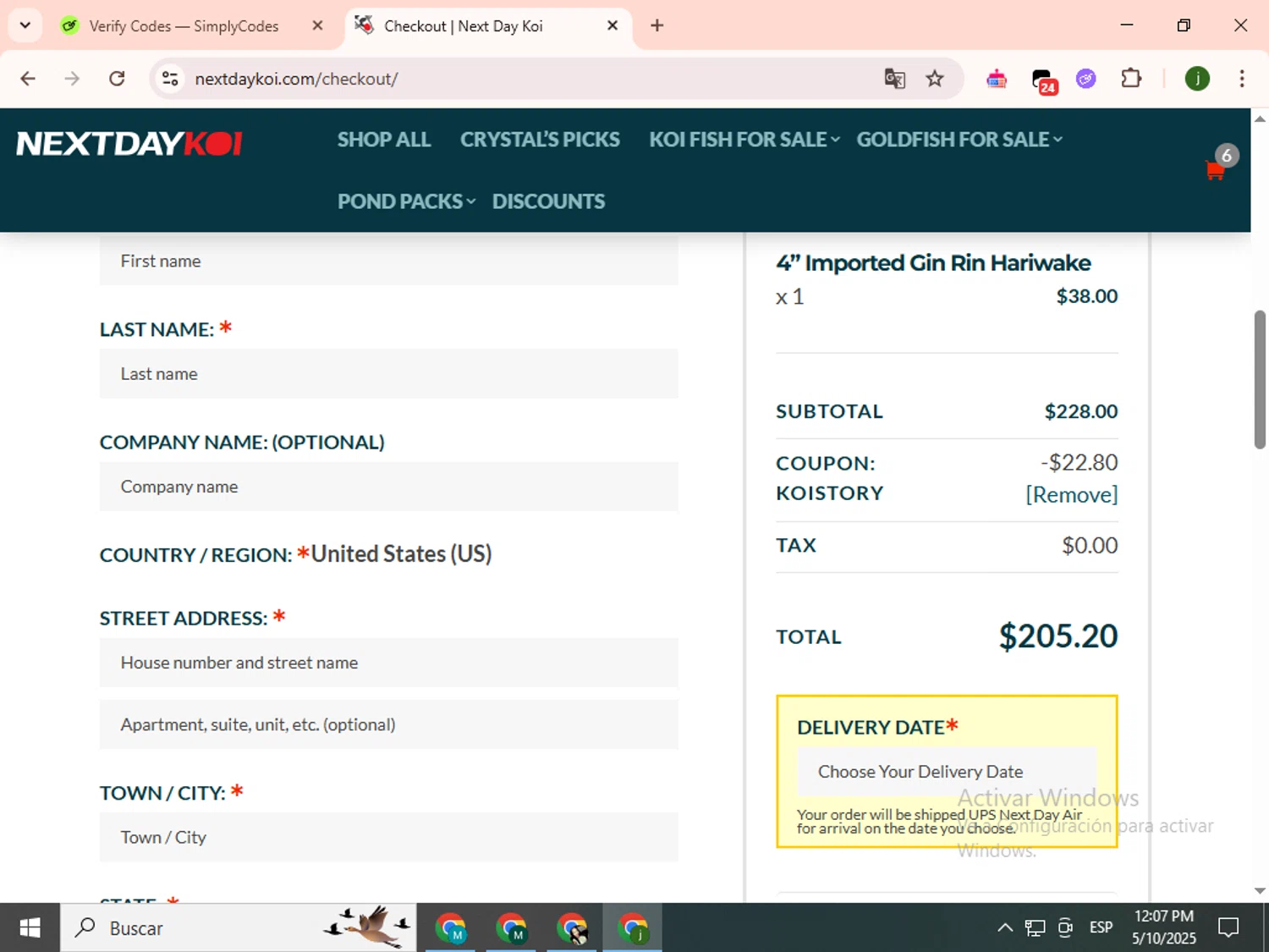 Next Day Koi coupon code screenshot showing code koistory applied at Next Day Koi checkout page. Uploaded by SimplyCodes community member SavingsCollector2592 on May 10, 2025