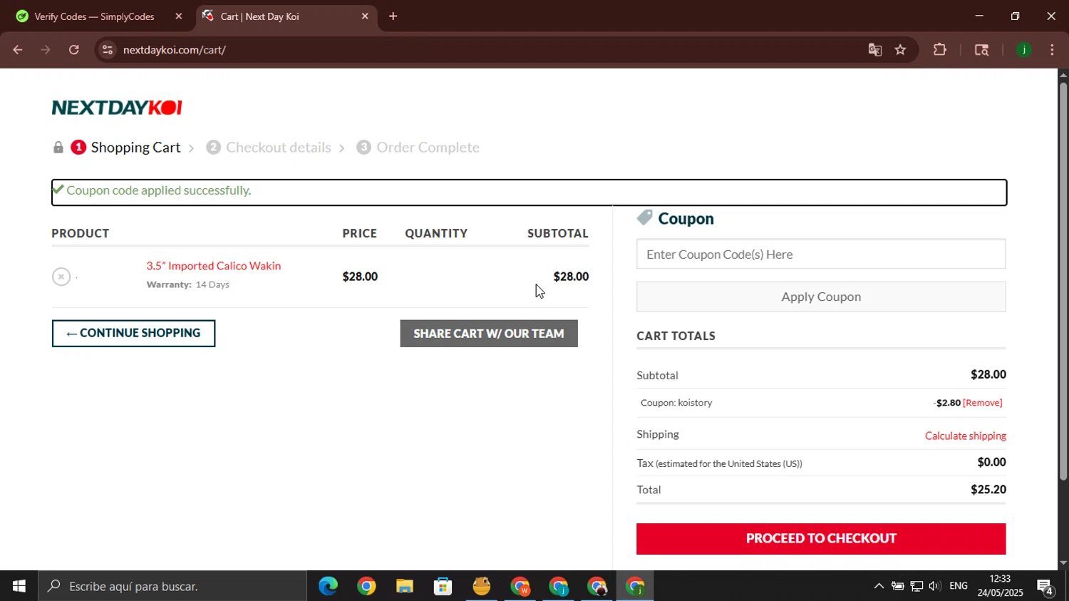 Next Day Koi coupon code screenshot showing code koistory applied at Next Day Koi checkout page. Uploaded by SimplyCodes community member jorgeroz on May 24, 2025