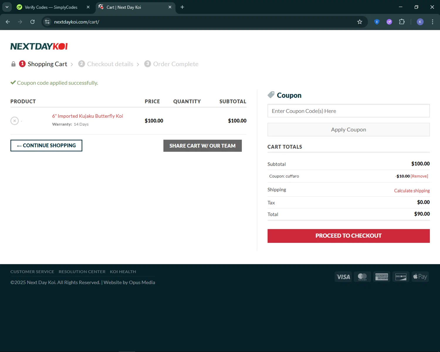 Next Day Koi coupon code screenshot showing code CUFFARO applied at Next Day Koi checkout page. Uploaded by SimplyCodes community member KevLapage on May 24, 2025