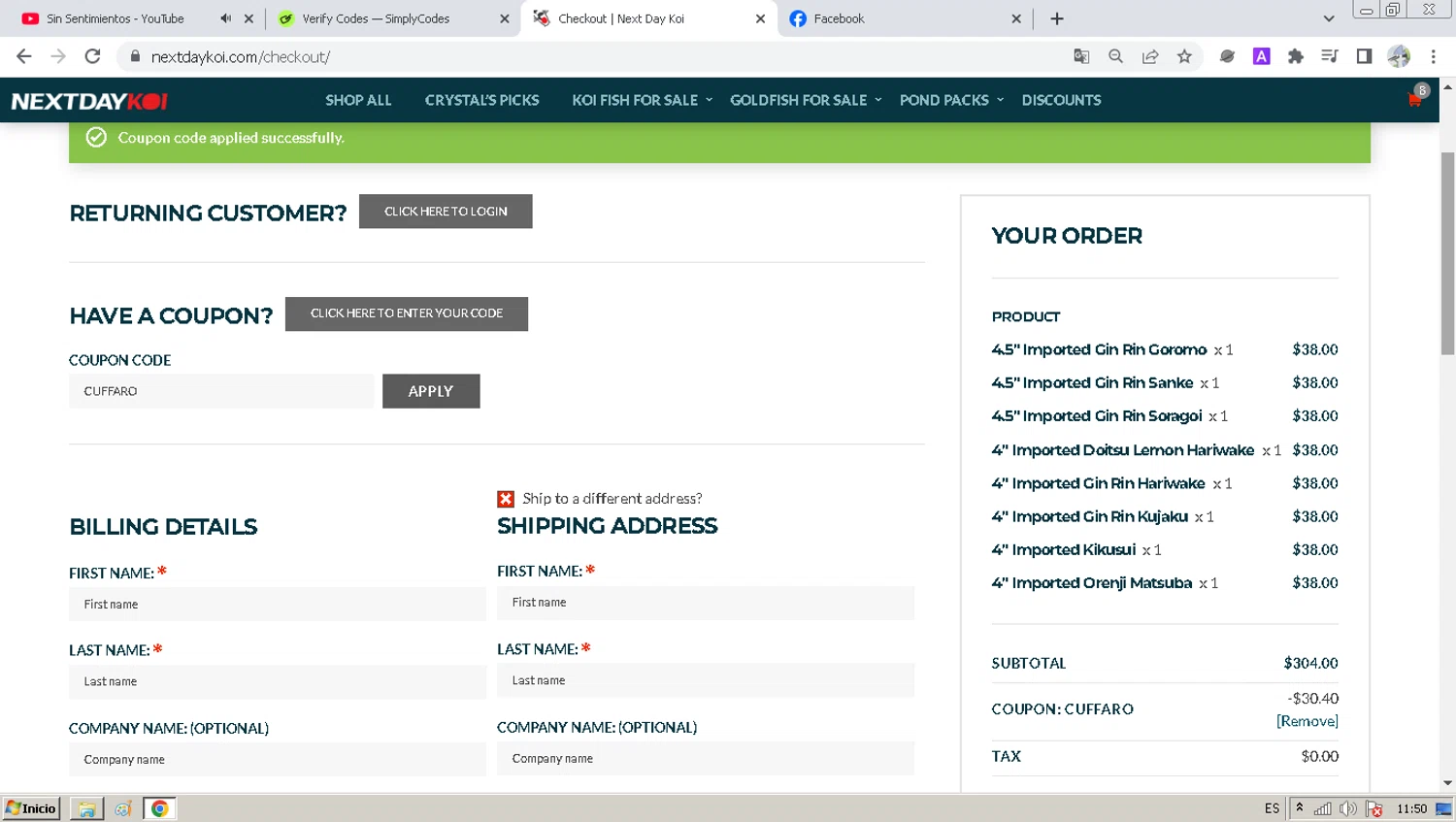 Next Day Koi coupon code screenshot showing code CUFFARO applied at Next Day Koi checkout page. Uploaded by SimplyCodes community member jesusalejandro on May 10, 2025