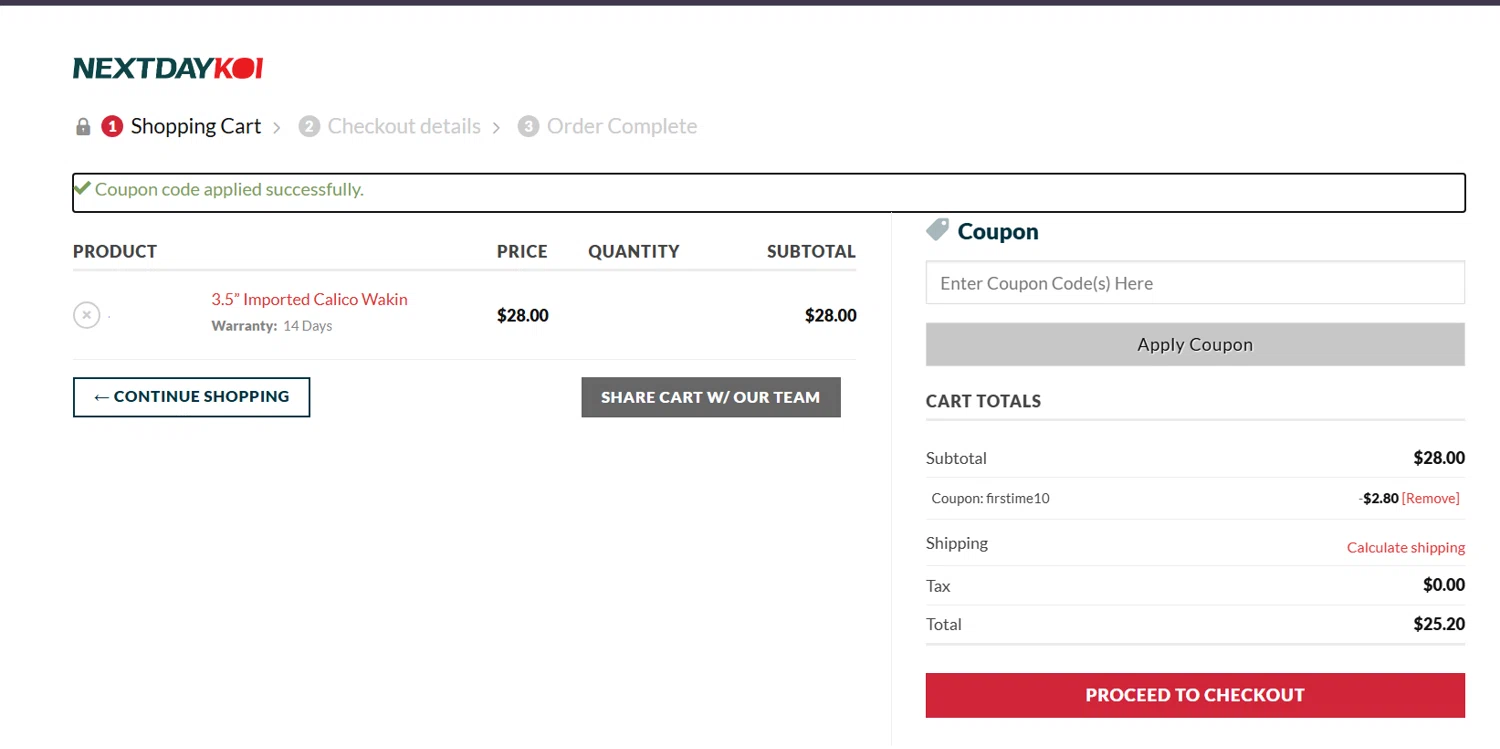 Next Day Koi coupon code screenshot showing code firstime10 applied at Next Day Koi checkout page. Uploaded by SimplyCodes community member Coolemorestt on May 24, 2025