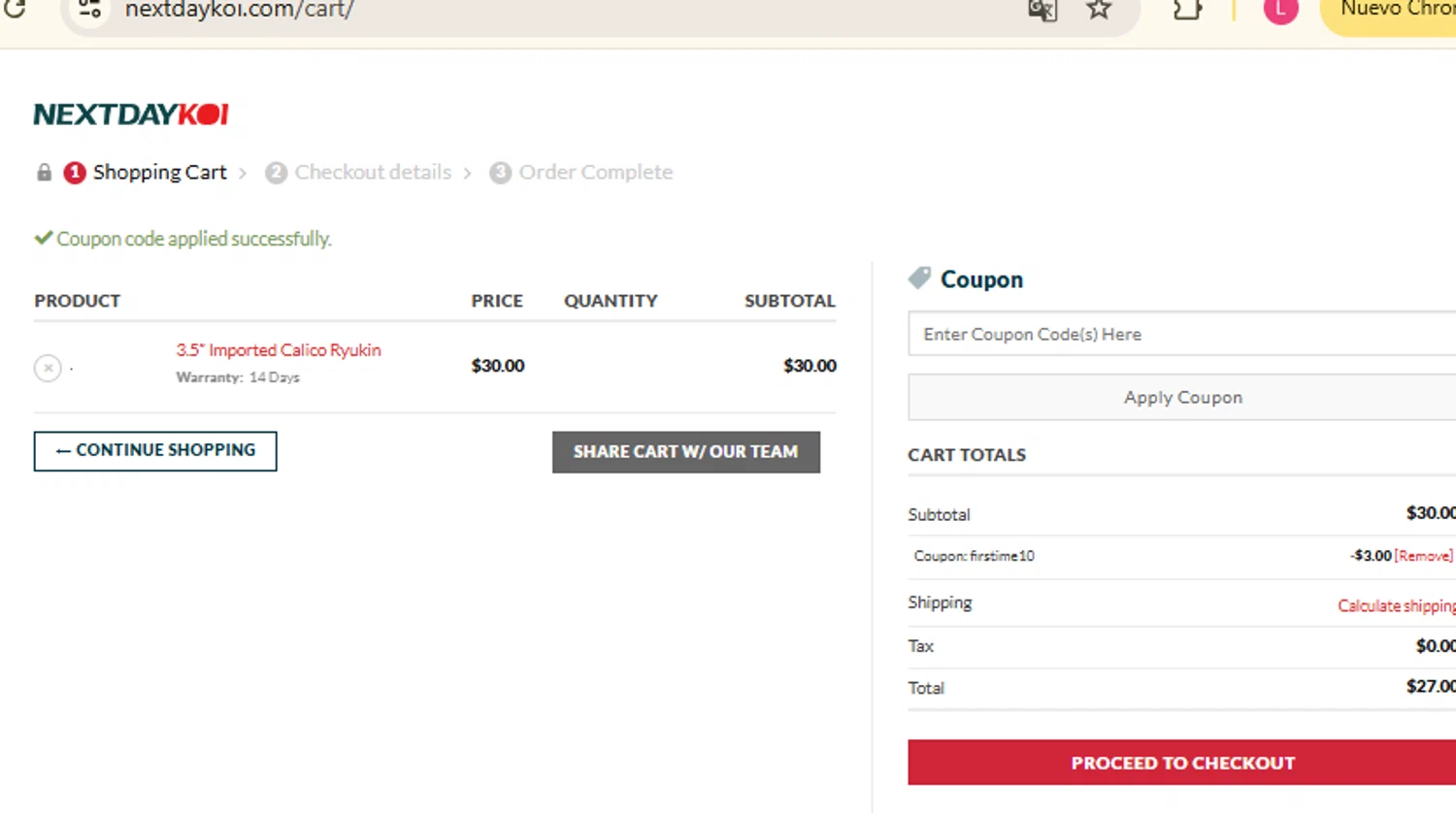 Next Day Koi coupon code screenshot showing code firstime10 applied at Next Day Koi checkout page. Uploaded by SimplyCodes community member RewardFinder4836 on Jun 14, 2025
