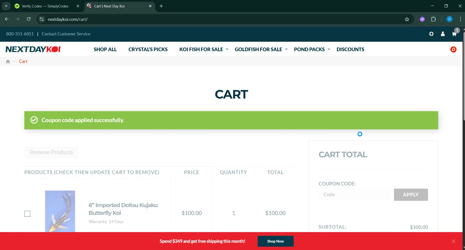 Next Day Koi coupon code screenshot showing code firstime10 applied at Next Day Koi checkout page. Uploaded by SimplyCodes community member _____________ on May 10, 2025