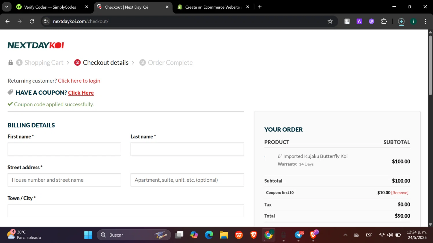 Next Day Koi coupon code screenshot showing code first10 applied at Next Day Koi checkout page. Uploaded by SimplyCodes community member hanzell03 on May 24, 2025