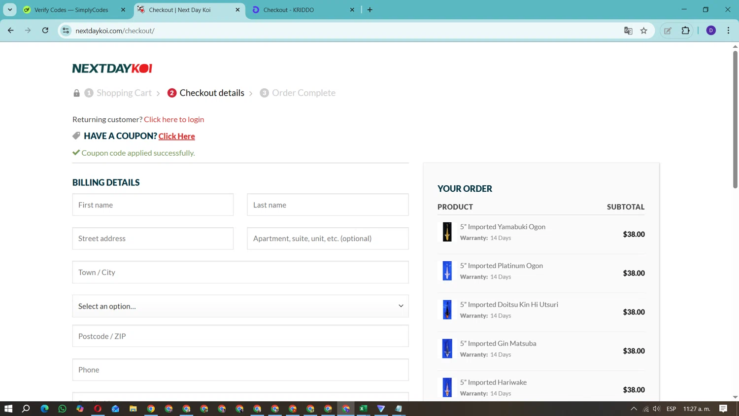 Next Day Koi checkout page showing Next Day Koi coupon code box | Screenshot taken by SimplyCodes community member on Oct 23, 2025
