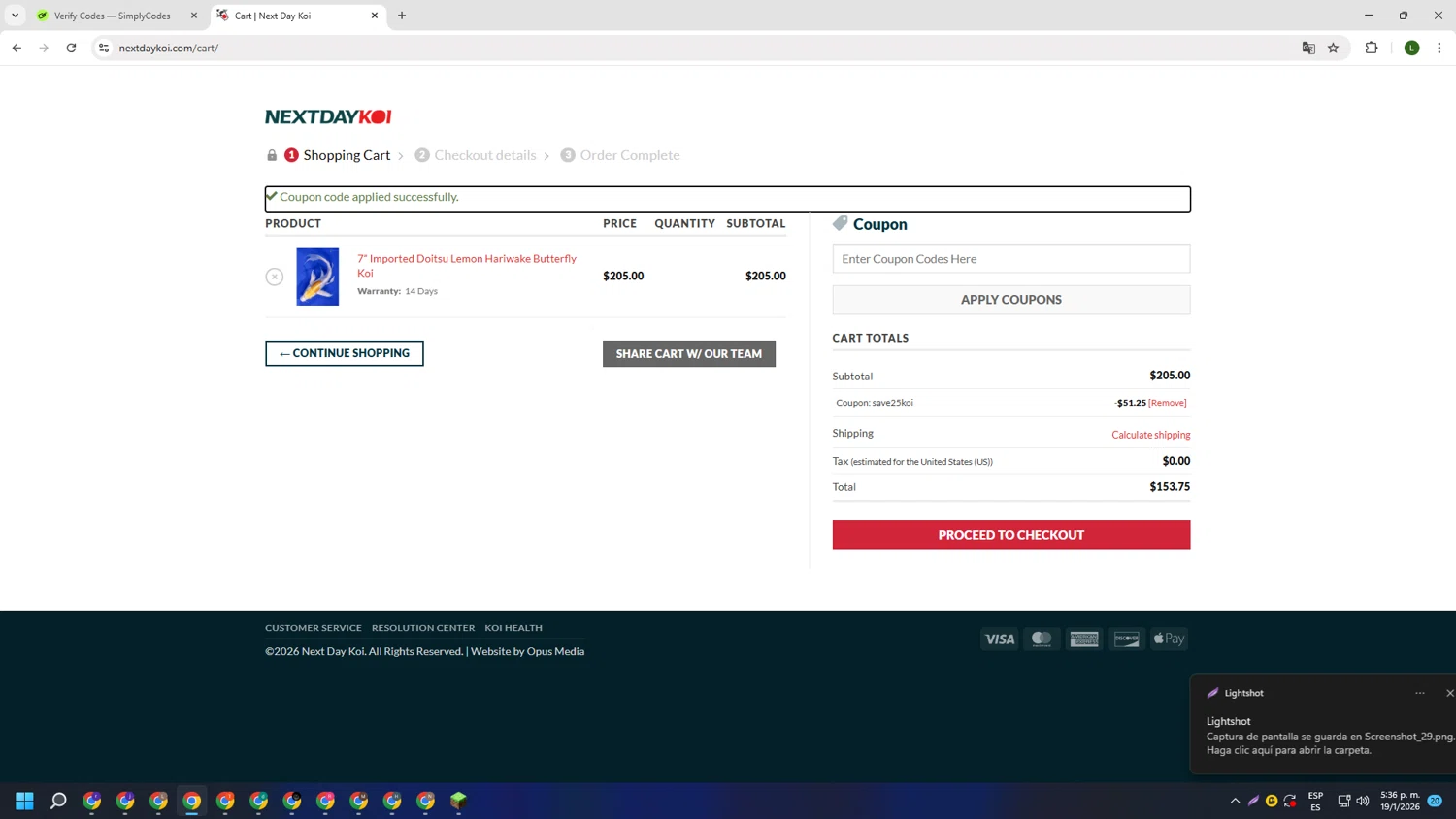 Next Day Koi checkout page showing Next Day Koi coupon code box | Screenshot taken by SimplyCodes community member on Jan 19, 2026