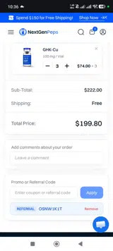 NextGen Peptides coupon verification screenshot