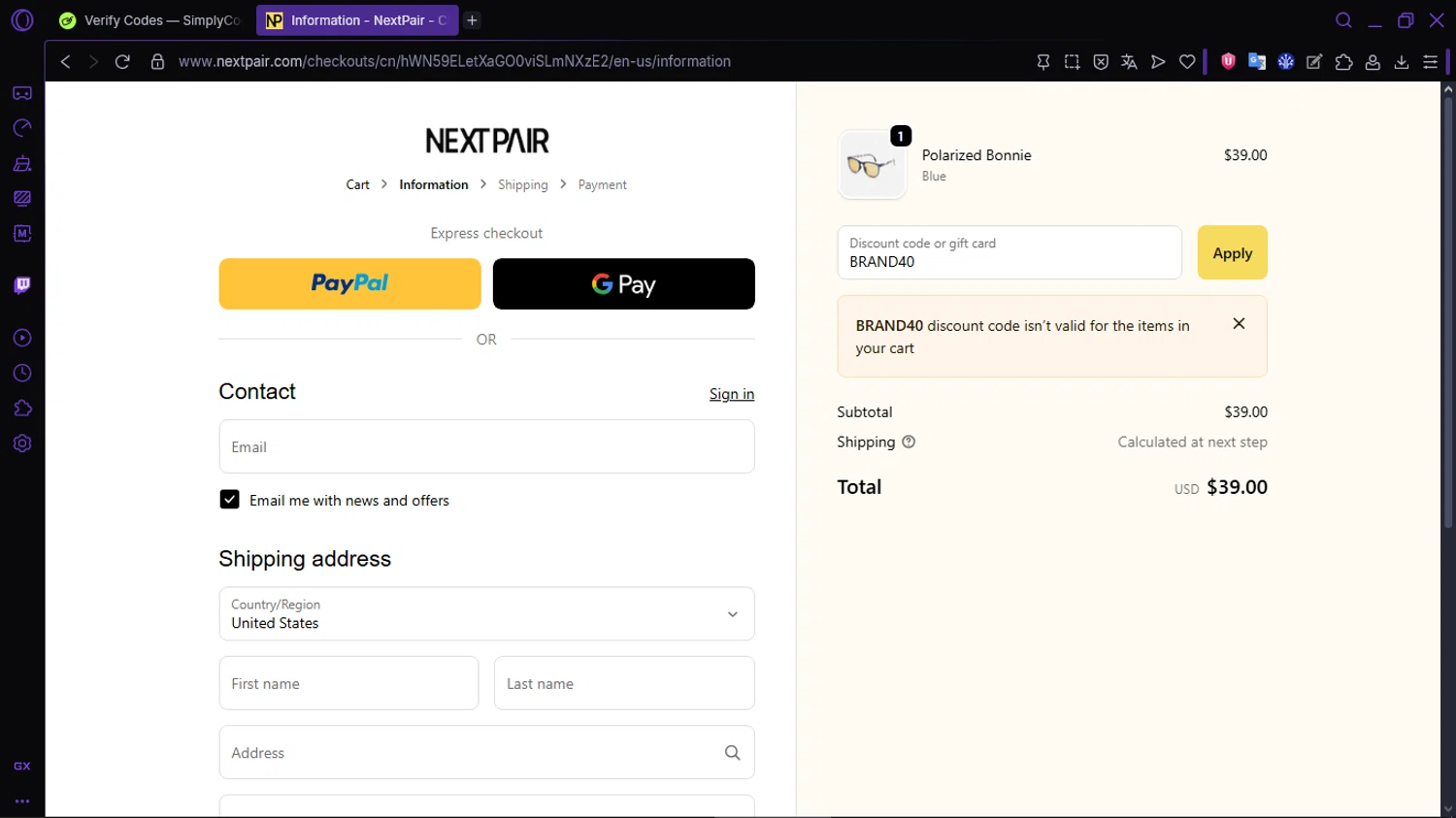 Next Pair discount code screenshot showing code BRAND40 applied at Next Pair checkout page. Uploaded by SimplyCodes community member RewardLion134 on Nov 10, 2025