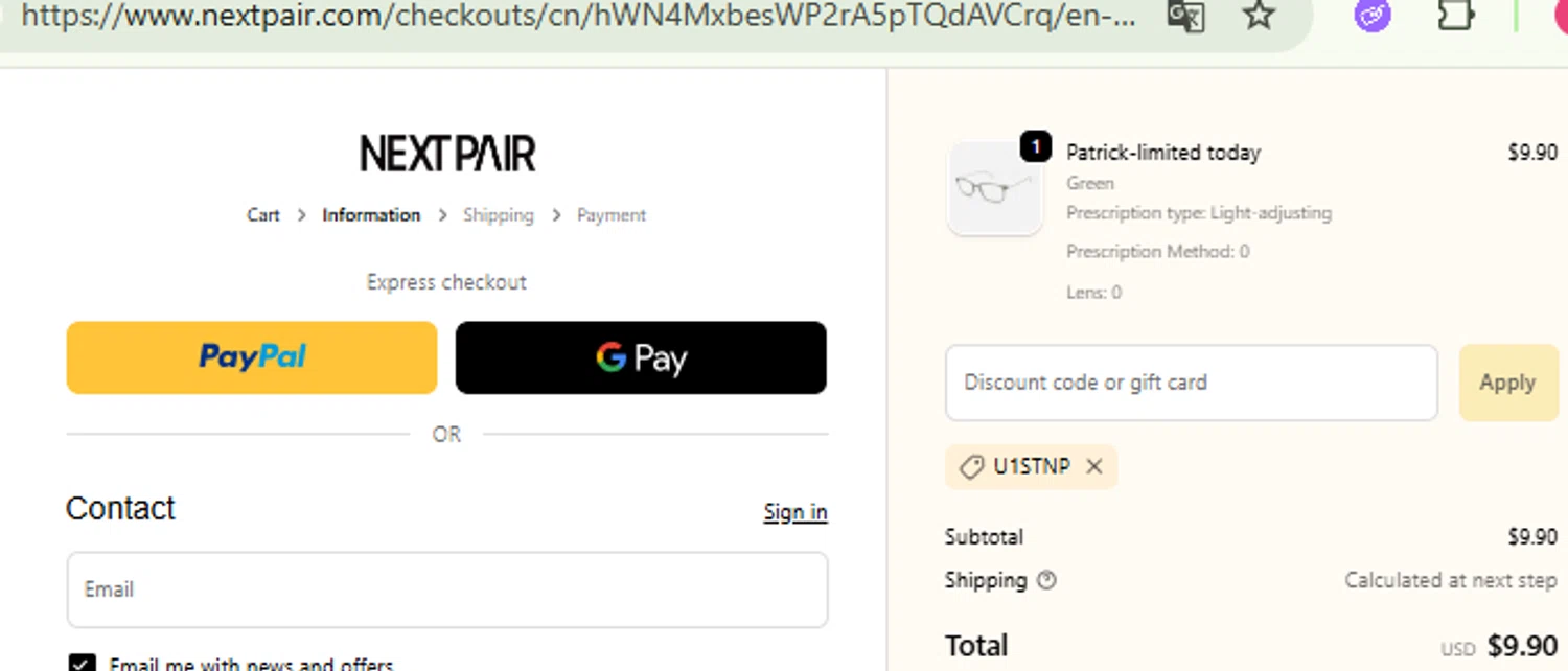 Next Pair discount code screenshot showing code u1stnp applied at Next Pair checkout page. Uploaded by SimplyCodes community member RewardFinder4836 on Oct 21, 2025